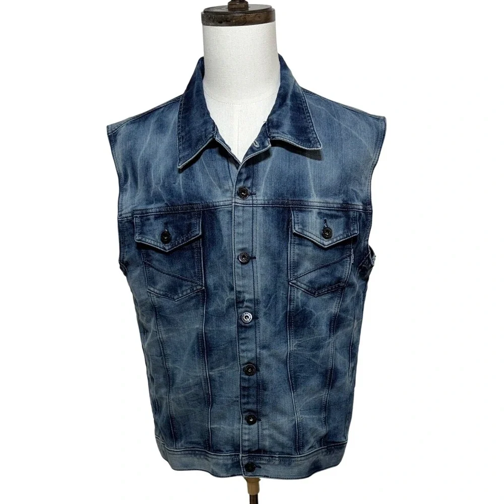 Ring of Fire Vest Men XXL Blue Denim Los Angeles Sleeveless Motorcycle Biker Y2K
